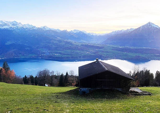 Alpine lake Thun (Thunersee) in the in the Bernese Oberland region and in the Swiss Canton of Bern, Switzerland - Der Alpensee Thun (Thunersee) liegt in der Region Berner Oberland, Schweiz